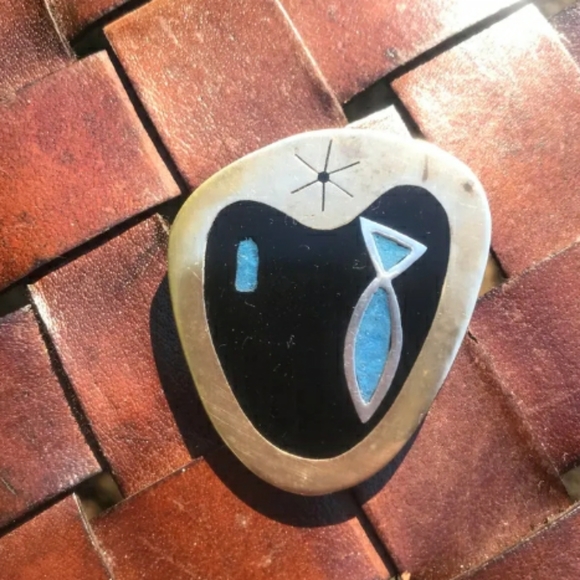 Modernist Estela Popowski Sterling, Brass, and Ebony Guitar Pik Pin Brooch - Picture 2 of 6